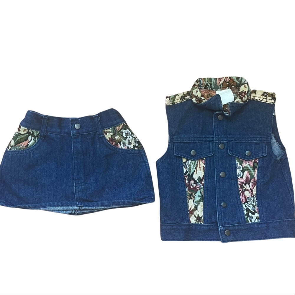 Vintage Toddler 3 Floral Denim Vest Skirt Set size 3T
